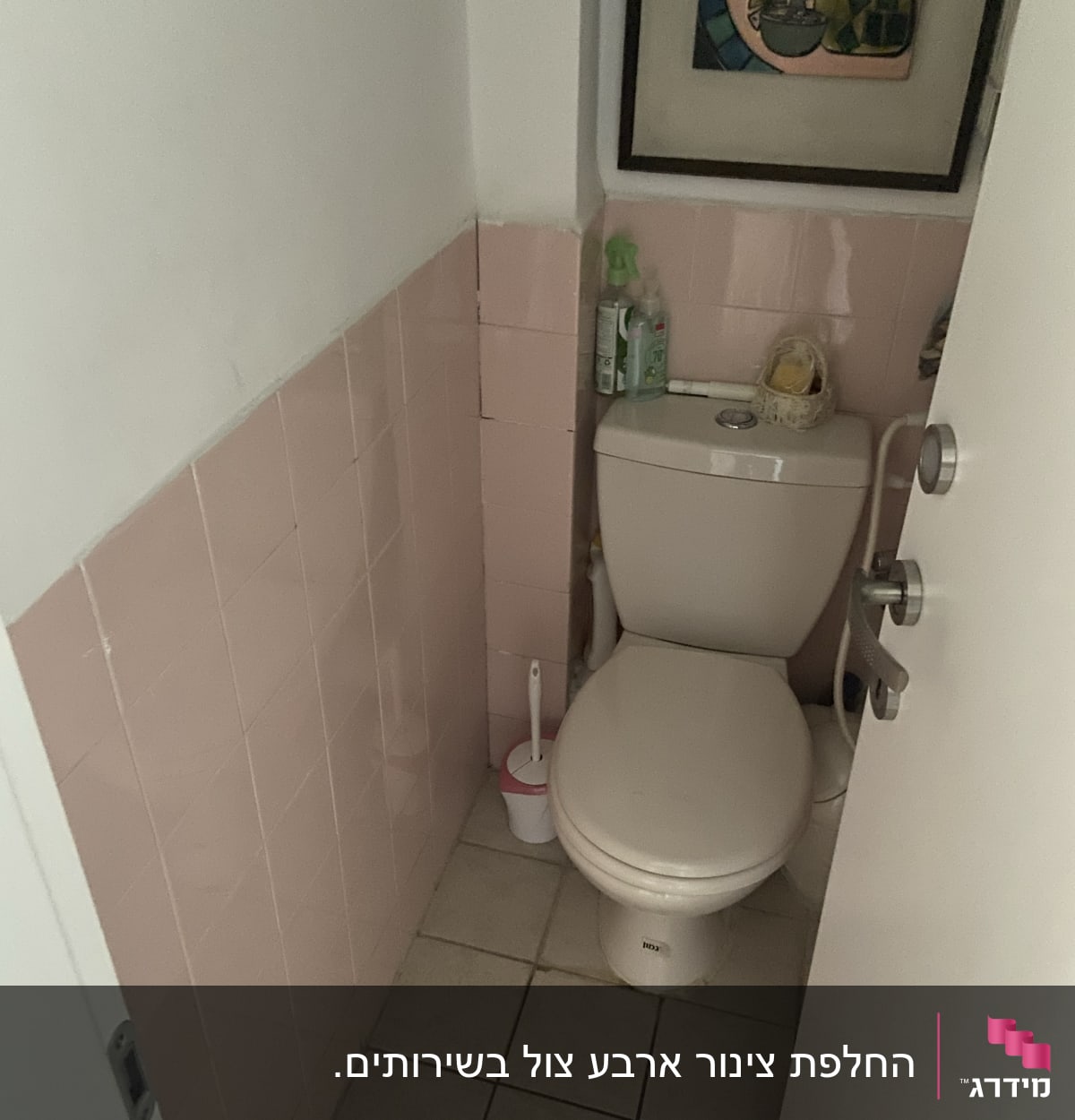 אסלה עם מברשת ניקוי ליד קיר ורוד